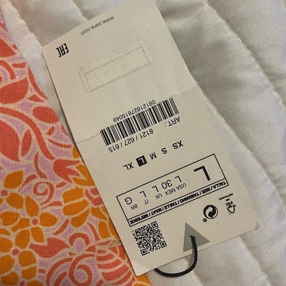 ZARA Linen Blend Floral Mini Skirt‎ Orange Pink Ruched Size L - Picture 9 of 12